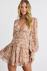 Ismini Beige Multi Patchwork Long Sleeve Mini Dress