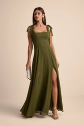 Love Me Forever Olive Green Tie-Strap Square Neck Maxi Dress