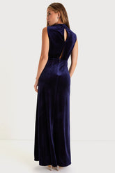Classic Elegance Navy Velvet Sleeveless Mock Neck Maxi Dress