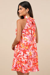 Tied Back To You Red and Pink Floral Print Mini Shift Dress