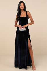 Graceful Invite Dark Plum Velvet Square Neck Lace-Up Maxi Dress