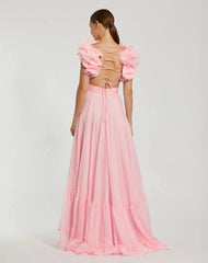 Pink Ruffle Tiered Cut-Out Chiffon Gown
