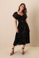 Lovely Purpose Black Velvet Floral Burnout Lace-Up Midi Dress