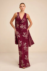 Sidonia Burgundy and Gold Floral Cowl Sash Maxi Dress