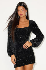 Precise Radiance Black Velvet Sequin Long Sleeve Mini Dress