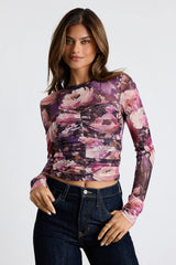 Instant Trend Purple Floral Mesh Ruched Long Sleeve Top