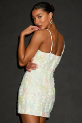 Leontia White Multi Floral Applique Beaded Mini Dress