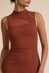 Irresistibly Modern Rust Brown Mesh Mock Neck Maxi Dress