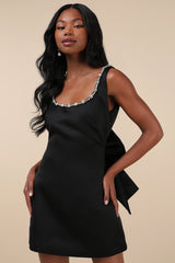 Cloe Black Rhinestone Backless Bow Mini Dress
