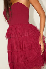 Fabulous Thoughts Wine Red Tulle Strapless Tiered Mini Dress