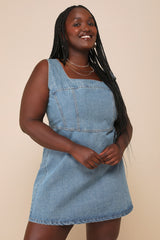 So Delighted Medium Wash Denim Corset Seam Mini Dress