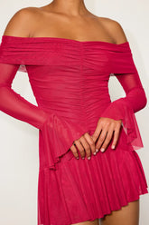 Milith Red Mesh Off-the-Shoulder Mini Dress