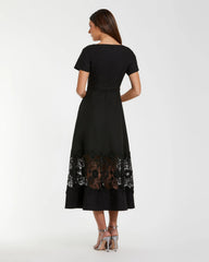 Black Crepe Boat Neck Midi Dress With Belt