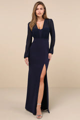 Omnia Navy Blue Long Sleeve Maxi Dress