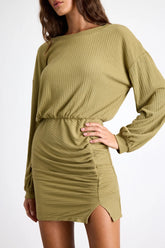 Tionne Light Olive Ribbed Long Sleeve Mini Dress
