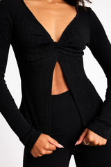 Myron Sage Ribbed Knit Twist-Front Long Sleeve Top