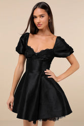 Enchanting Presence Black Taffeta Lace Puff Sleeve Mini Dress