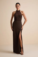 Baani Dark Brown Column Halter Maxi Dress