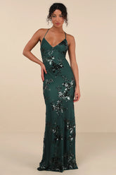 Valhalla Forest Green Sequin Lace-Up Maxi Dress