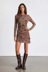 Laudie Mauve Pink Rose Print Ruched Mini Dress