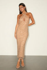 Julianna Beige Sequin Halter Backless Midi Dress