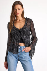 Laelia Black Polka Dot Sheer Tie-Front Long Sleeve Top