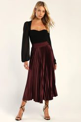 Sophisticated Vision Plum Satin Pleated Midi Skirt