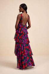 Allegria Navy Floral Clip Dot Tiered Backless Maxi Dress