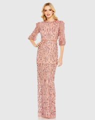 Pink Embellished Column Gown with 3/4 Sleeves