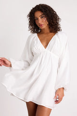 Amerah White Textured Balloon Sleeve Babydoll Mini Dress