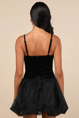 Coquette Energy Black Polka Dot Velvet Drop Waist Mini Dress