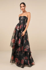 Truly Extraordinary Purple Floral Organza Strapless Maxi Dress