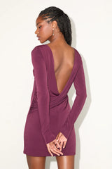 Noey Olive Jersey Knit Cowl Back Long Sleeve Mini Dress