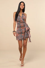 Felicita Brown Boho Print Halter Wrap Mini Dress