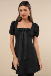 Polished Sweetie Black Jacquard Bow Puff Sleeve Mini Dress