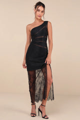Sensational Flirt Black Sheer Lace One-Shoulder Maxi Dress