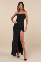 Luxe Endeavor Black Mesh Rhinestone Cowl Maxi Dress