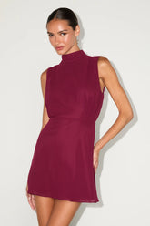 Classic Elegance Red Chiffon Sleeveless Mock Neck Mini Dress