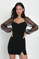 Sophisticated Aura Black Long Sleeve Bodycon Mini Dress