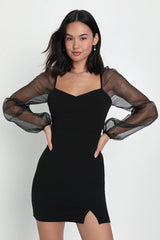 Sophisticated Aura Black Long Sleeve Bodycon Mini Dress