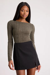 Gina Olive Green Shiny Velvet Long Sleeve Top