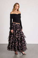 Carion Black Floral Ruffled Maxi Skirt