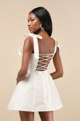 Glamorous Luxury Champagne Taffeta Bow Lace-Up Mini Dress