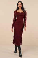 Certainly Iconic Burgundy Lace Midi Dress and Shrug Set