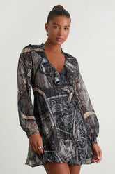 Claire Mustard Yellow Boho Print Wrap Mini Dress