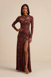 Charlize Brown Sheer Mesh Velvet Burnout Maxi Dress