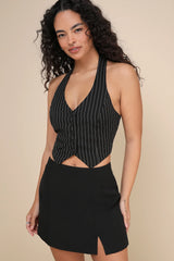 Greeting the Season Navy Plaid High-Waist Mini Skirt