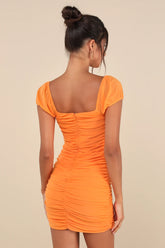 Sensational Instincts Orange Mesh Ruched Bodycon Mini Dress
