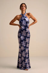 Celestara Navy Floral Velvet Backless Mermaid Maxi Dress