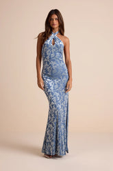 Sharon Brown Velvet Burnout Halter Maxi Dress